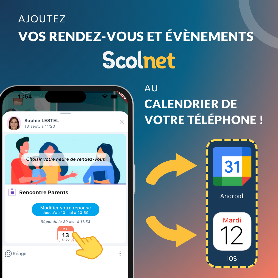 Ajoutez vos rendez-vous et évènements Scolnet au calendrier de votre téléphone